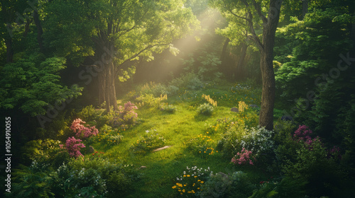 Stunning aerial shot of a wildflower-filled clearing in the forest, surrounded by towering trees and dappled sunlight shining through the leaves, enhancing the serene atmosphere.