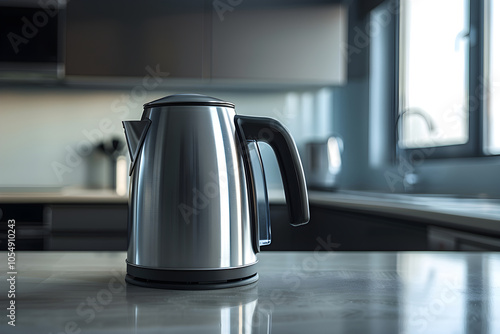 Modern Stainless Steel Electric Kettle on Kitchen Countertop - Sleek Design and Functionality photo