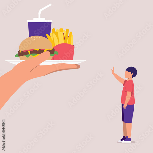 Side View Of Little Boy Standing In Stop Gesture Refusing Fast Food Offered By Someone.