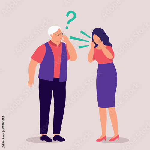 Elderly Father With Hand Behind His Ear Trying Hard To Listen What His Adult Daughter Saying. Presbycusis.