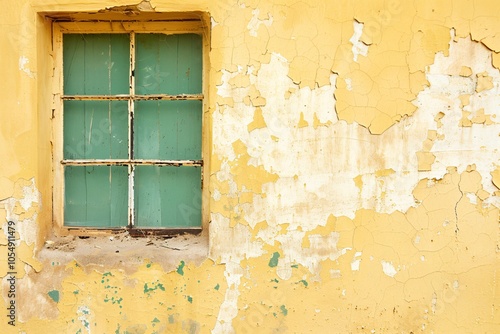 Window closed with green panel in a yellow wall with peeling paint.