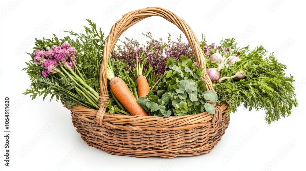 A basket filled with foraged vegetables like wild onions, purslane, and wild carrots, showcasing the beauty of nature bounty, isolated on a white background A basket filled with foraged vegetables like wild onions, purslane, and wild carrots, showcasing the beauty of nature bounty, isolated on a white background