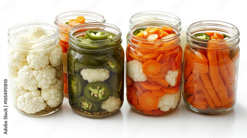 A batch of freshly pickled vegetables in glass jars, featuring carrots, cauliflower, and jalapenos, ideal for adding flavor to meals, isolated on a white background