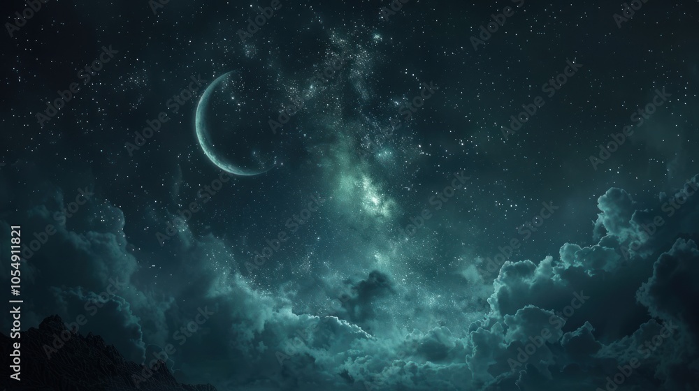 A dark night sky with faint clouds partially covering a crescent moon, creating a mysterious and calm atmosphere. A dark night sky with faint clouds partially covering a crescent moon, creating a mysterious and calm atmosphere.