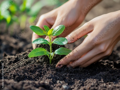 A beautiful close-up of hands planting seedlings in organic soil, using mulch to retain moisture and reduce weeds. photo