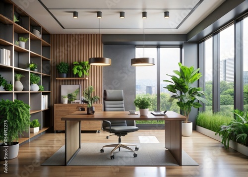 Modern Office Interior with Blank Wall for Mockup, 3D Rendering, Sleek Design, Minimalist Workspace, Professional Ambiance, Natural Lighting, Creative Environment, Contemporary Office Furniture