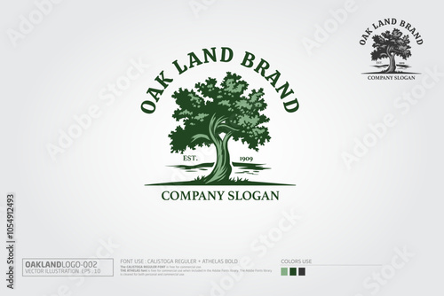 Oak Land Brand Vector Logo Template. Vector logo template with tree and root theme that symbolizes shade, life, growth, protection,and integrity of nature suitable for foundation,ecology industry, etc