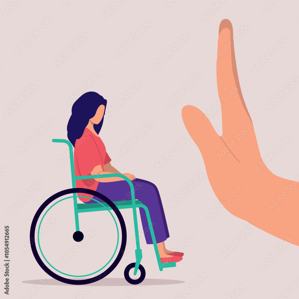Concept Of Disability Discrimination Of A Woman With Wheelchair. A Person’s Hand In Stop Gesture Unwelcome A Woman With Wheelchair. Concept Of Disability Discrimination Of A Woman With Wheelchair. A Person’s Hand In Stop Gesture Unwelcome A Woman With Wheelchair.