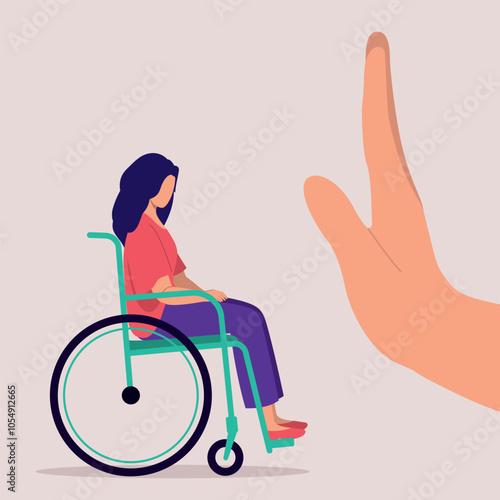 Concept Of Disability Discrimination Of A Woman With Wheelchair. A Person’s Hand In Stop Gesture Unwelcome A Woman With Wheelchair.