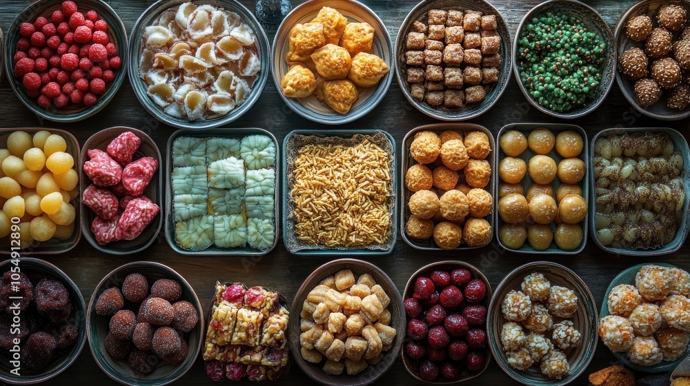 Assortment of Sweet Treats in Bowls on a Wooden Table Assortment of Sweet Treats in Bowls on a Wooden Table