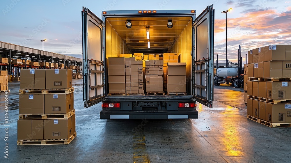 Naklejka premium Delivery truck unloading boxes at a warehouse during sunset in an industrial area
