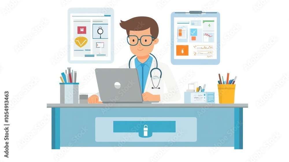Doctor at clinic desk updating digital notes on laptop Doctor at clinic desk updating digital notes on laptop