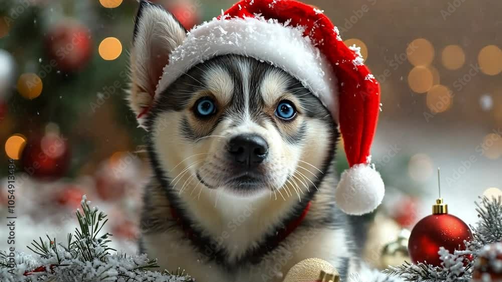 A playful puppy in a Santa hat surrounded by holiday decorations and festive lights A playful puppy in a Santa hat surrounded by holiday decorations and festive lights