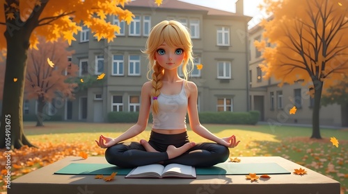 autumn schoolyard, a girl meditating in virasana yoga pose seated on a concrete table during a math exam photo