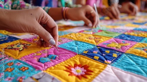 Colorful Quilting Process with Hands on Patchwork Fabric