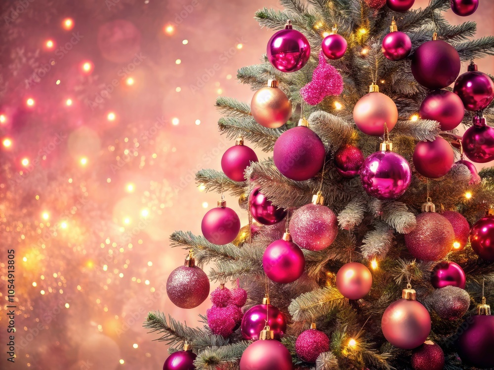 Radiant Pink Christmas Tree with Glittering Decor on Blush Pink Background - Night Photography Radiant Pink Christmas Tree with Glittering Decor on Blush Pink Background - Night Photography