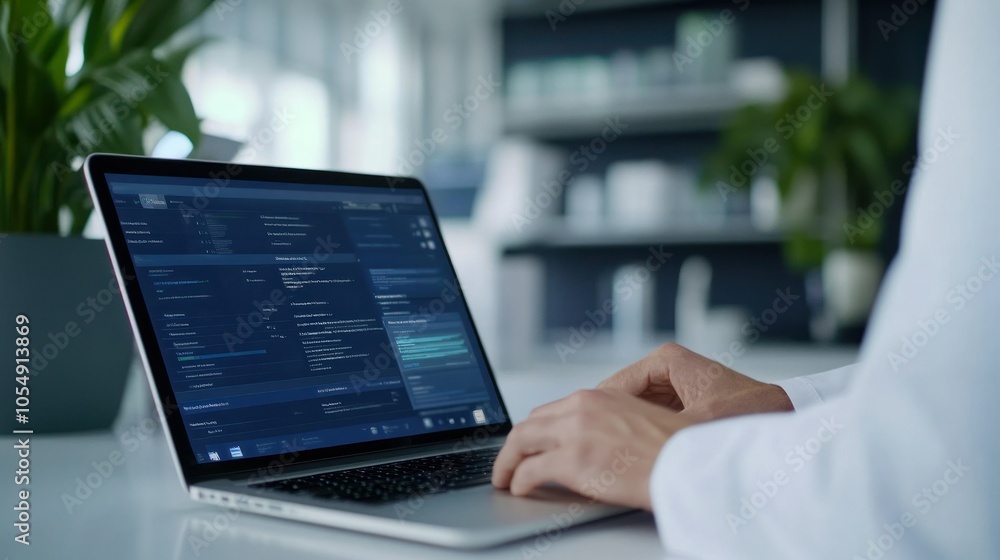 Doctor with EMR system open on laptop in a clinic Doctor with EMR system open on laptop in a clinic