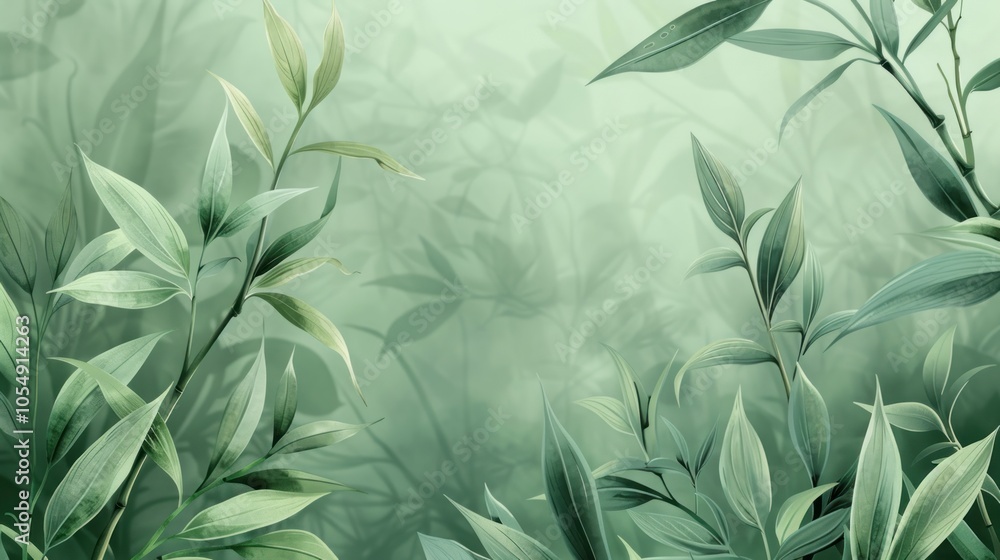 A detailed view of bamboo leaves and stalks against a green background, creating an immersive, refreshing look suitable for eco-friendly or organic branding A detailed view of bamboo leaves and stalks against a green background, creating an immersive, refreshing look suitable for eco-friendly or organic branding