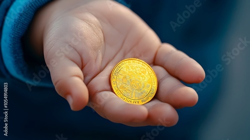 Child Holding Golden Coins in Hand