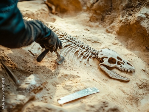 A close-up of a fossil being carefully excavated from a dig site, with paleontologists documenting every detail. photo