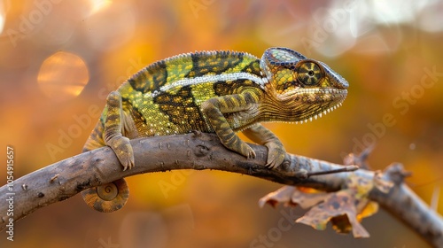 A chameleon blending into its surroundings on a branch