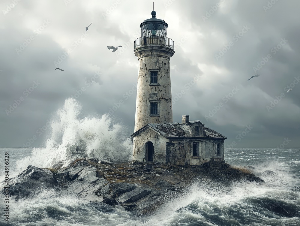 A coastal lighthouse abandoned by the sea, with waves crashing against the rocky shore and the structure slowly falling apart. A coastal lighthouse abandoned by the sea, with waves crashing against the rocky shore and the structure slowly falling apart.
