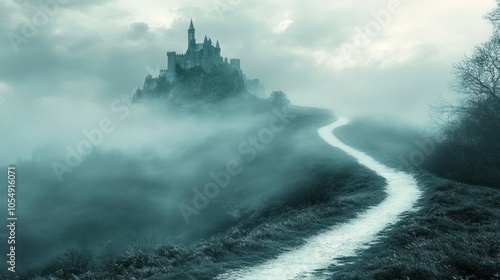 Foggy hill with castle at the top and a white pathway below