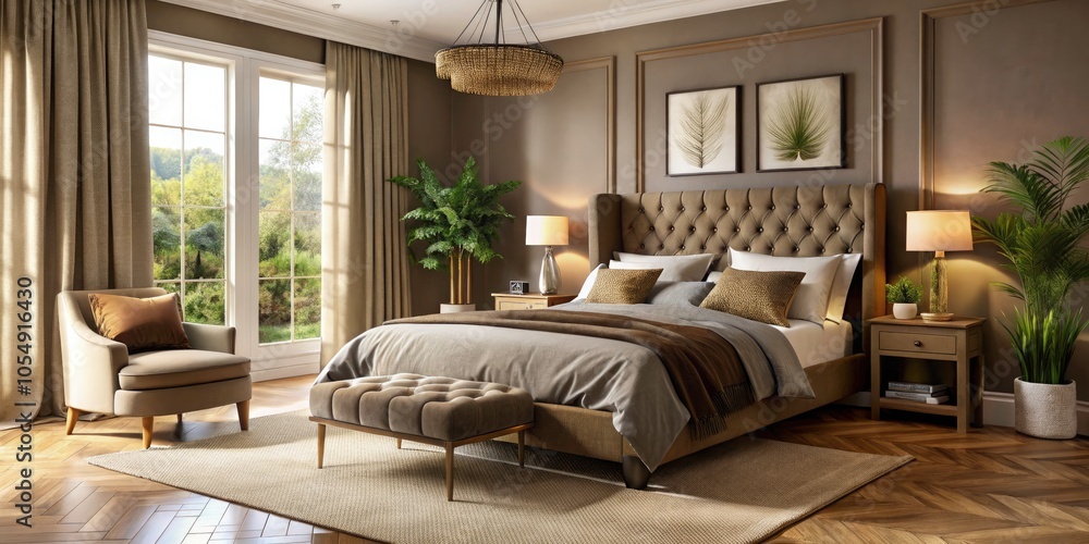 Obraz premium Serene Brown Upholstered Bed with Soft Bedding in a Stylish Bedroom Setting for Cozy Home Decor Inspiration