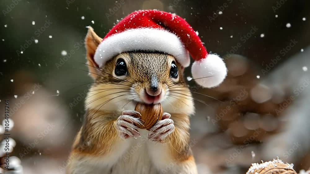 A cheerful squirrel wearing a Santa hat holds an acorn in a snowy forest during winter festivities A cheerful squirrel wearing a Santa hat holds an acorn in a snowy forest during winter festivities