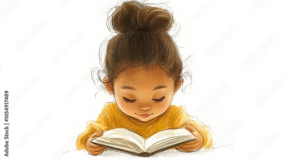 Fototapeta premium Cute Girl Reading Book Story Time Children Literature Imagination Learning Education Childhood