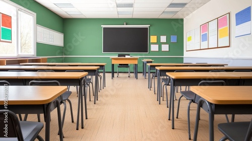 Empty Classroom with Desks and Chairs Green Walls and Blackboard