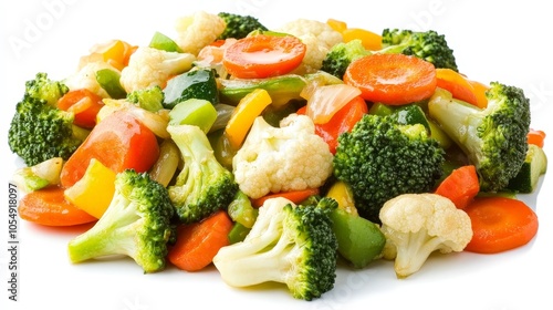 A colorful stir-fry with mixed vegetables like broccoli, carrots, and bell peppers, perfectly isolated on a white background