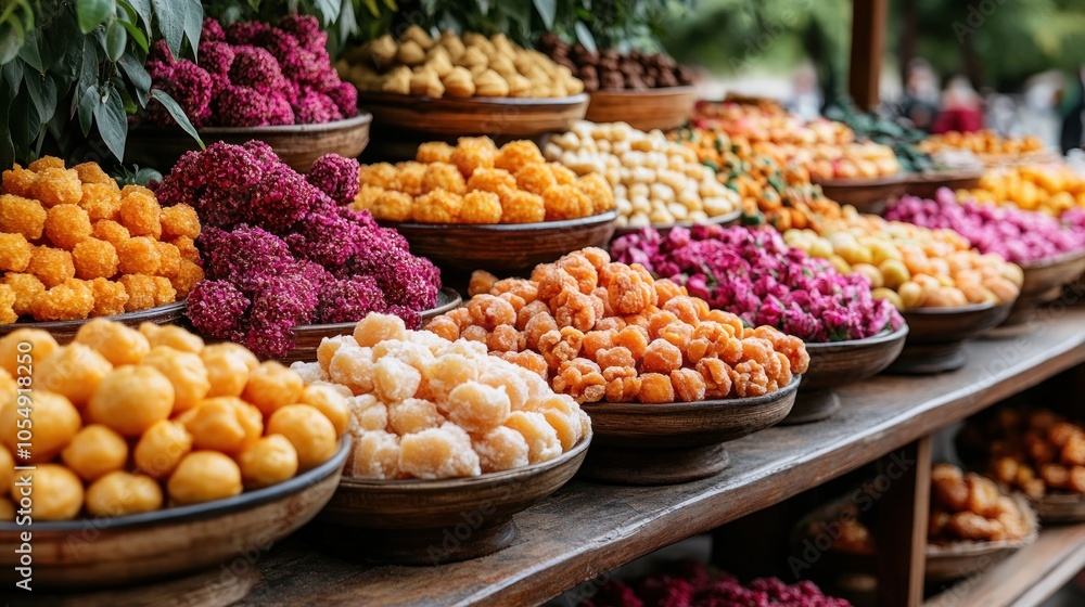 Assorted Candied Fruits and Sweets Displayed in Wooden Bowls Assorted Candied Fruits and Sweets Displayed in Wooden Bowls