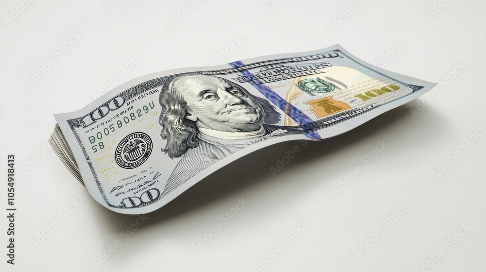 Hundred dollar bills floating gracefully on a white backdrop, detailed and crisp
