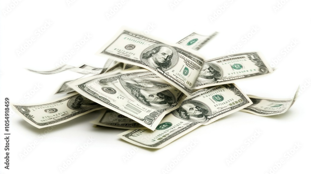 Hundred dollar bills in mid-air, scattered and crisp against white Hundred dollar bills in mid-air, scattered and crisp against white