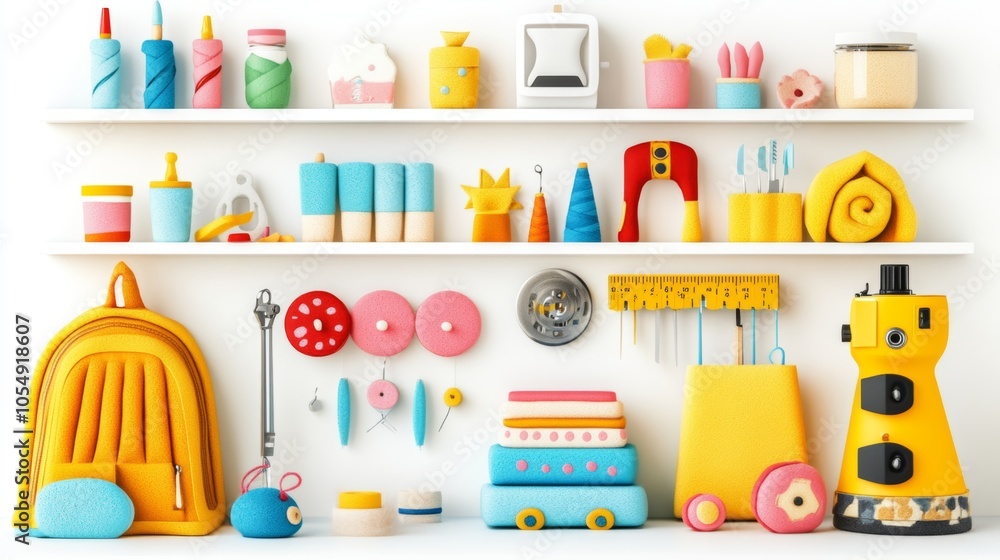 Colorful 3D Rendered Objects on Shelves Creative Design Art Supplies Craft Room Decor Colorful 3D Rendered Objects on Shelves Creative Design Art Supplies Craft Room Decor