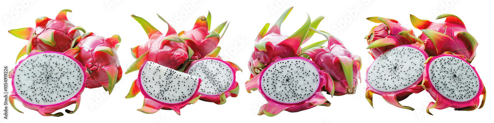 Dragon fruit slices and whole fruit on a white isolated background. Dragon fruit slices and whole fruit on a white isolated background.