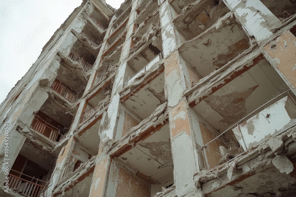 A crumbling apartment building, with balconies collapsing and the interior filled with debris, slowly decaying over time.