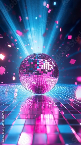 pink disco ball sits on a blue tiled floor, illuminated by streaks of pink and blue light