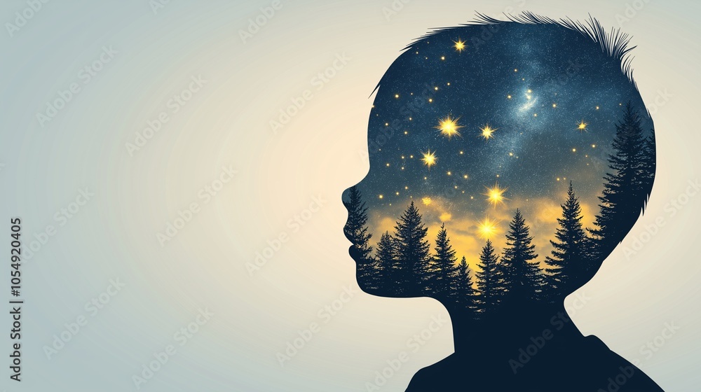 Dreamy Silhouette of a Young Child with Nature Scene Dreamy Silhouette of a Young Child with Nature Scene