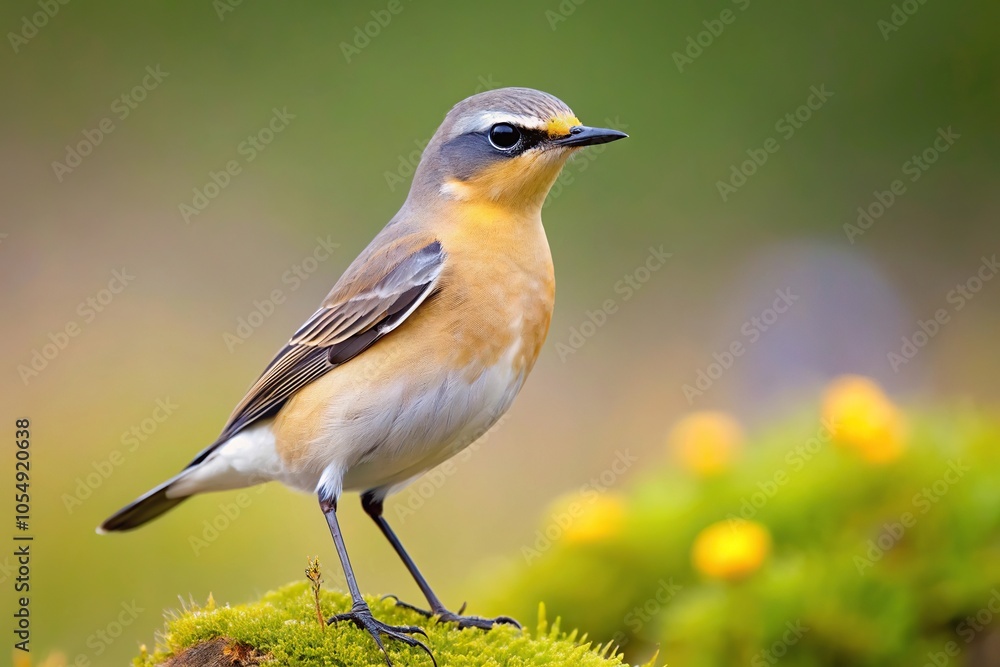 Fototapeta premium Wheatear bird blending with its surroundings in a forced perspective shot
