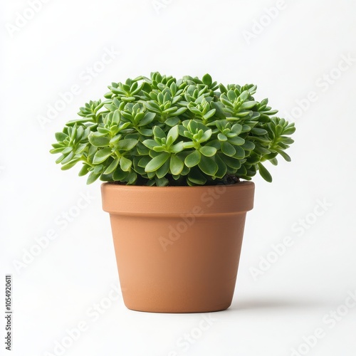 Succulent plant in a terracotta pot, white isolated background.