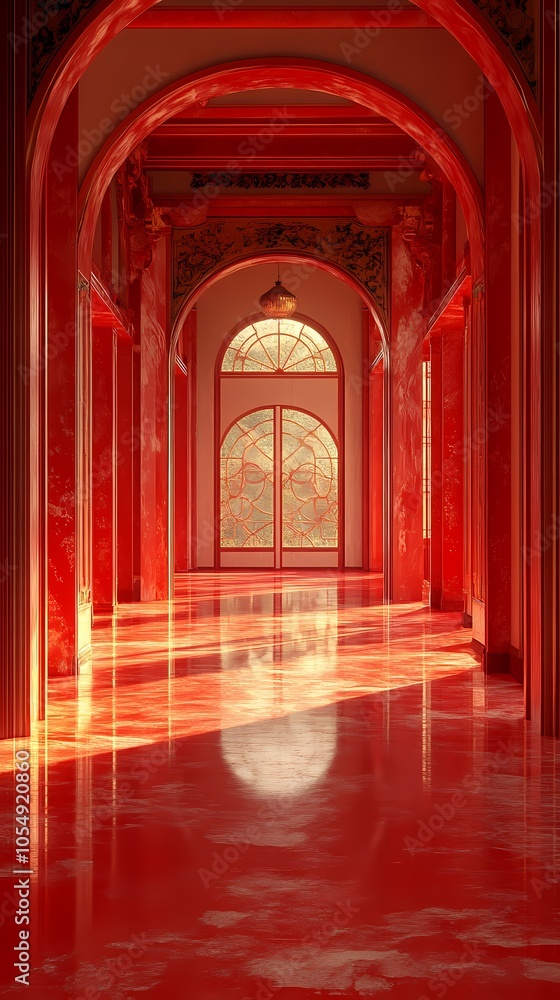 Fototapeta premium traditional chinese red oriental room scene poster background