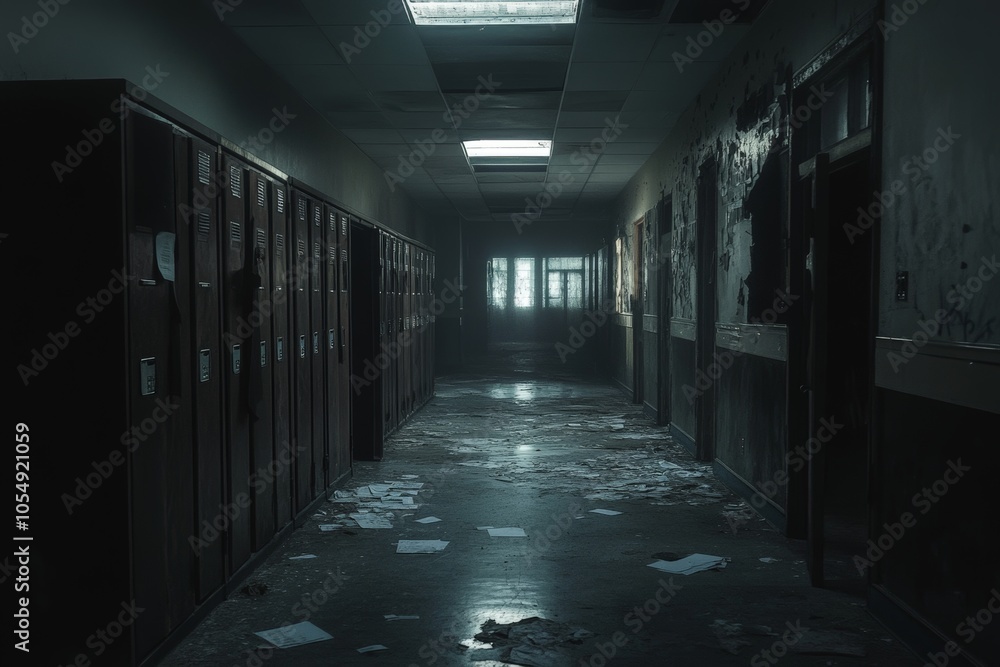 A dark, eerie hallway in an abandoned school, with lockers hanging open and papers scattered across the dusty floor. A dark, eerie hallway in an abandoned school, with lockers hanging open and papers scattered across the dusty floor.