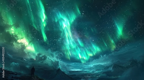 A mystical night sky with the Northern Lights glowing in shades of green and blue, blending with the stars to create an ethereal scene.