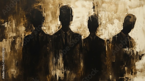 Silhouettes of four men in suits against a hazy background.  A concept of mystery, secrecy, and power.