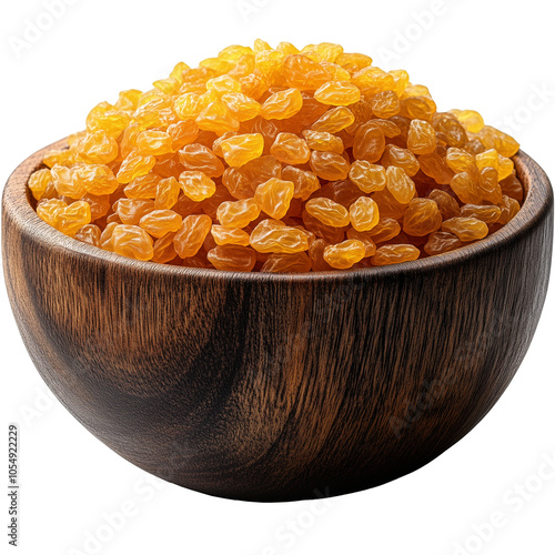 Raisins in wooden bowl isolate on white background