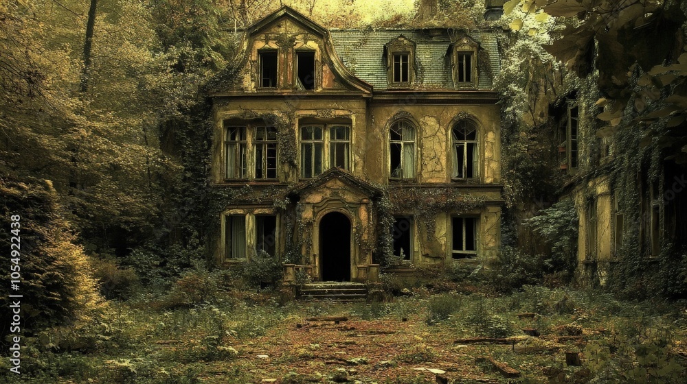 A derelict mansion hidden deep in the woods, with broken windows, collapsing floors, and ivy-covered walls. A derelict mansion hidden deep in the woods, with broken windows, collapsing floors, and ivy-covered walls.