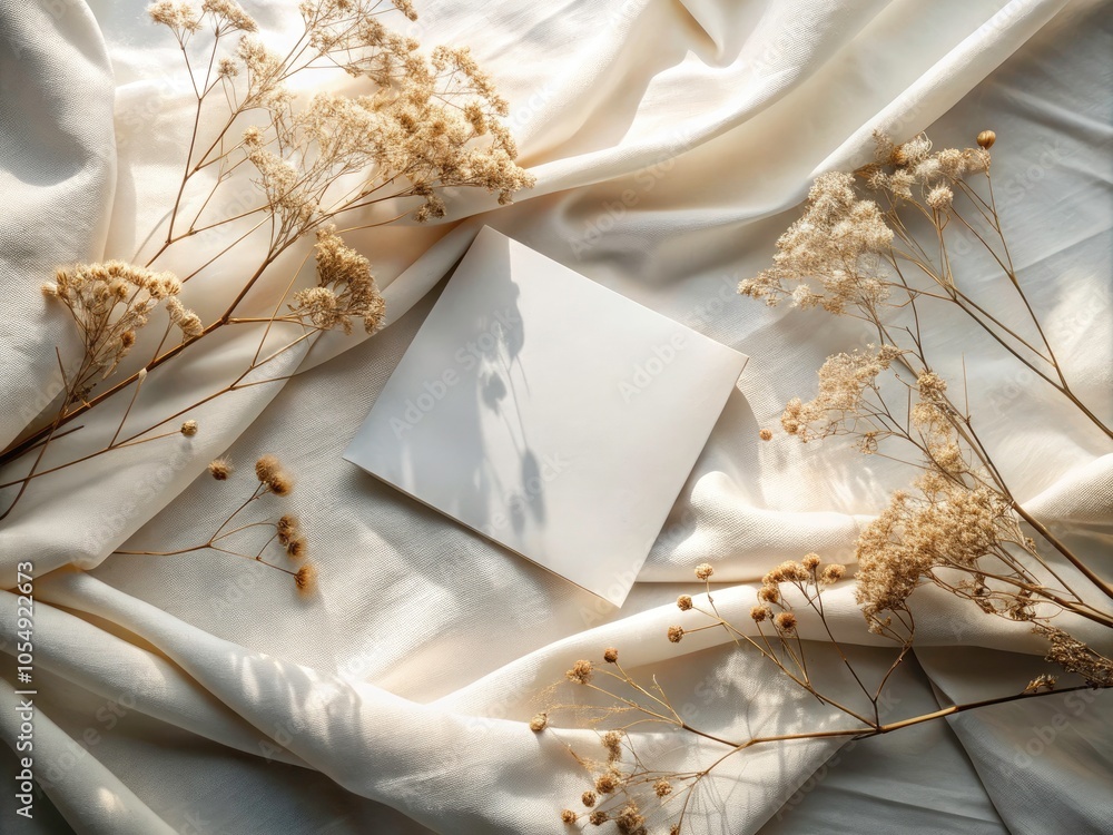 Surreal Composition of Dried Flowers and White Fabric Enveloping a Blank Card for Elegant Invitations and Aesthetic Decor Surreal Composition of Dried Flowers and White Fabric Enveloping a Blank Card for Elegant Invitations and Aesthetic Decor