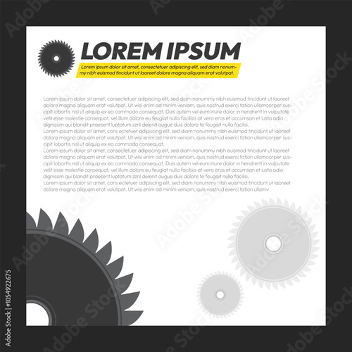 Saw blade social media poster design with explainer typography and shapes on the corners, vector background. Industry concept poster design